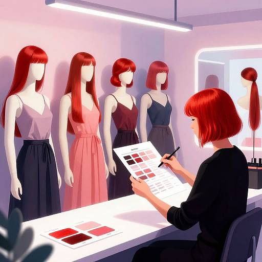 Digital illustration of a fashion designer with red bob haircut, seated at a lit table, showing color swatches to five red-haired mannequins in