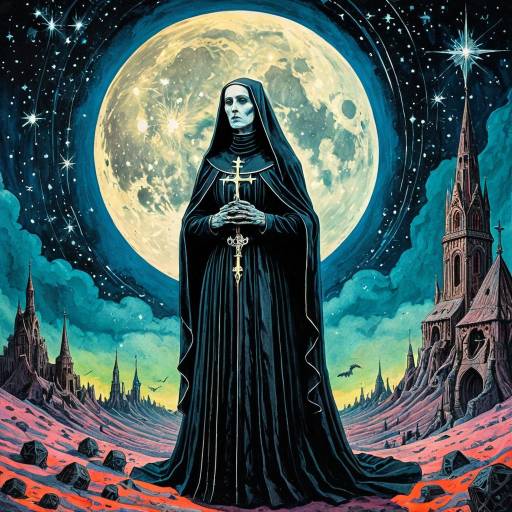 Gothic Nun with Cross Under Full Moon