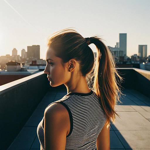 Fashion Model with Low Ponytail on Rooftop