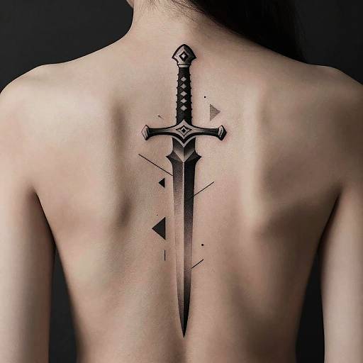 Photograph of a shirtless person with a detailed, black ink tattoo of a sword on their upper back, set against a dark background.