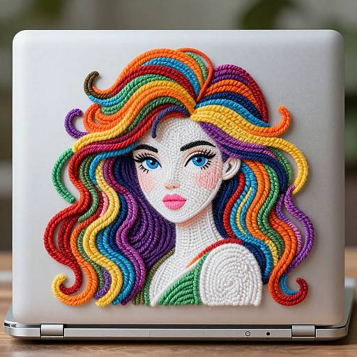 Photograph of a colorful, crochet-style, rainbow-haired woman with blue eyes, pink lips, and white skin, stuck to a silver laptop.