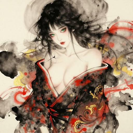 Digital painting of an alluring Asian woman with pale skin, black hair, green eyes, and red lips, wearing an off-shoulder black kim