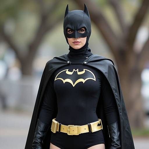 Photograph of a woman in a black Batman costume with yellow bat emblem, yellow belt, and black mask, standing outdoors.