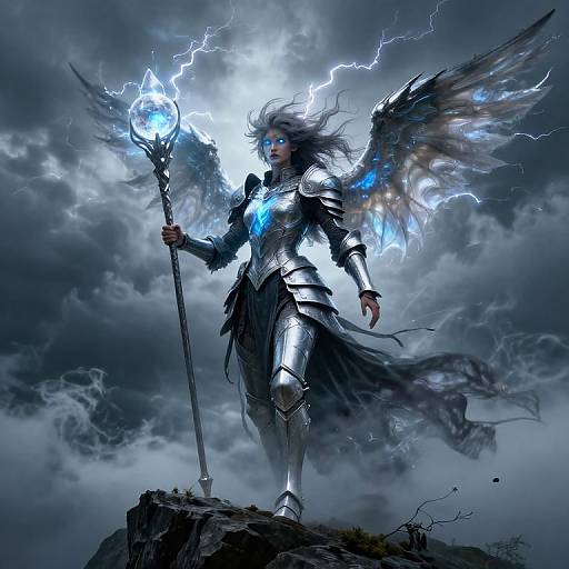 Digital fantasy artwork of a powerful, blue-eyed warrior angel with glowing blue wings and armor, holding a lightning-charged staff on a rocky cliff. Dark