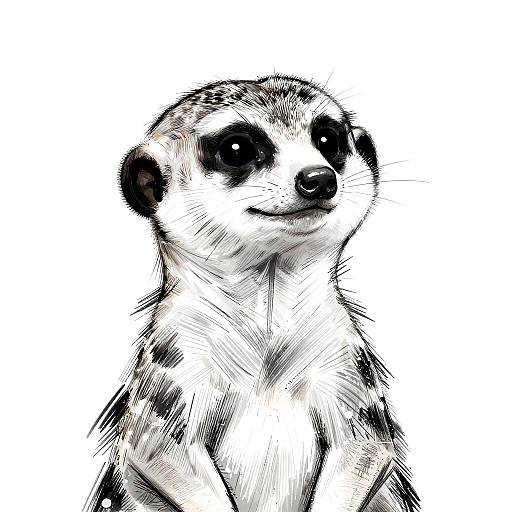Black-and-white digital sketch of a meerkat with black-rimmed eyes, white fur with black spots, and a slight smile, set against