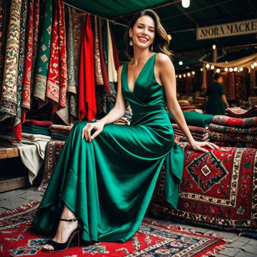 Elegant Woman in Emerald Green Dress at Rug Market