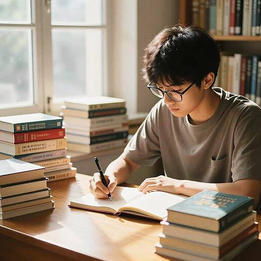 Focused Student Writing in Sunlit Library