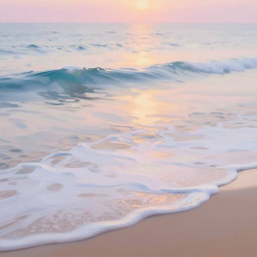 Photograph of a serene beach at sunset, showing gentle waves with white foam cresting over sandy shore, reflecting warm orange and pink hues.