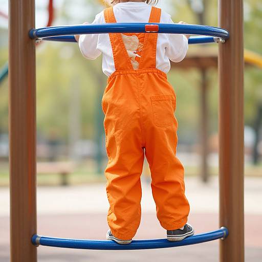 Photograph of a young child in bright orange overalls, white shirt, and black sneakers, climbing blue circular bars in a sunlit playground.