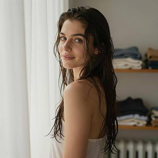 Woman with Wet Hair Standing by Curtain