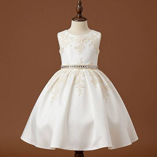 Photograph of a white, sleeveless, lace-embellished, knee-length dress displayed on a black dress form against a brown background.