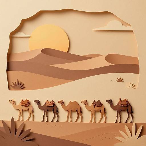 Paper cut-out illustration of five camels with saddles standing in a desert landscape with sand dunes, sun, and sparse vegetation.