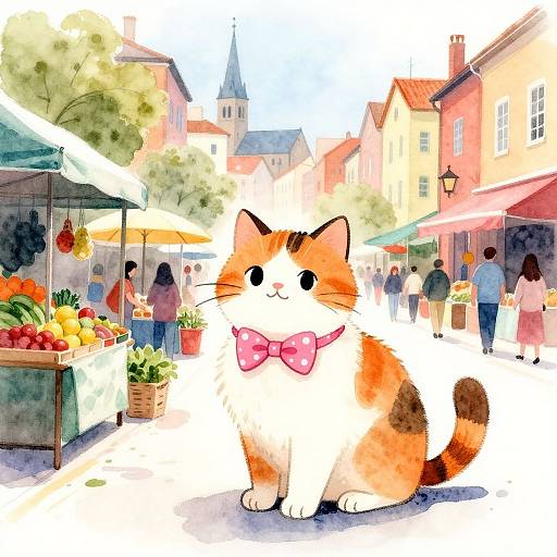 Watercolor illustration of a cute, orange-and-white cat with a pink bowtie, sitting in a bustling, colorful market street.