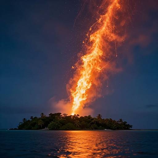 Photograph of a volcanic eruption at night, with bright orange and red lava spewing skyward, illuminating dark ocean and silhouetted palm