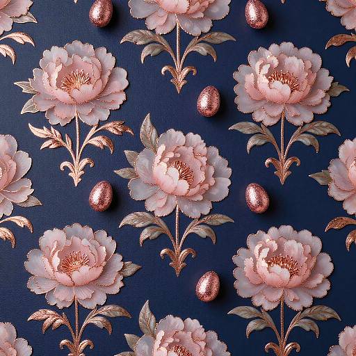 Elegant floral wallpaper with pink roses, gold leaves, and sparkling copper eggs on a dark blue background, creating a luxurious, vintage look.