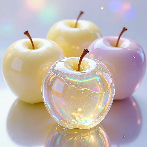 Photograph of three apples, two solid white and one solid pink, with a glowing, transparent, crystal apple in front.