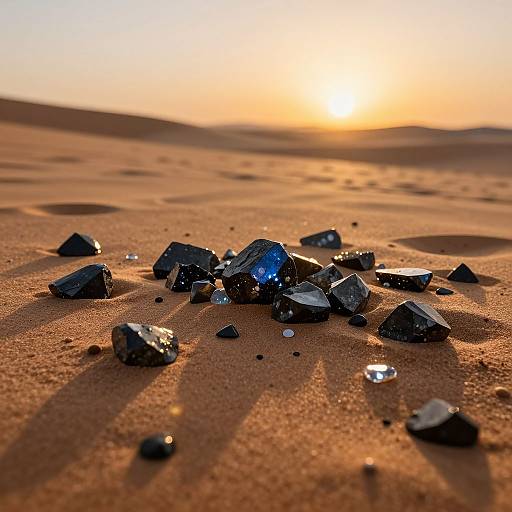 Photograph of black gemstones and clear crystals scattered on golden-orange sandy desert, with sunlight casting long shadows at sunset.