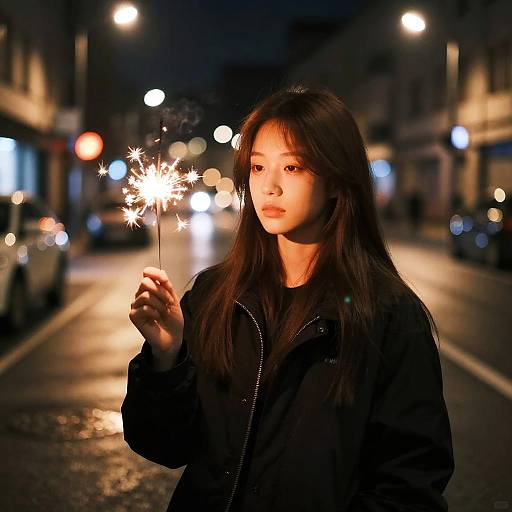 Nighttime photograph of an Asian woman with long dark hair, holding a sparkler, wearing a black jacket, standing on a lit street. Blurred