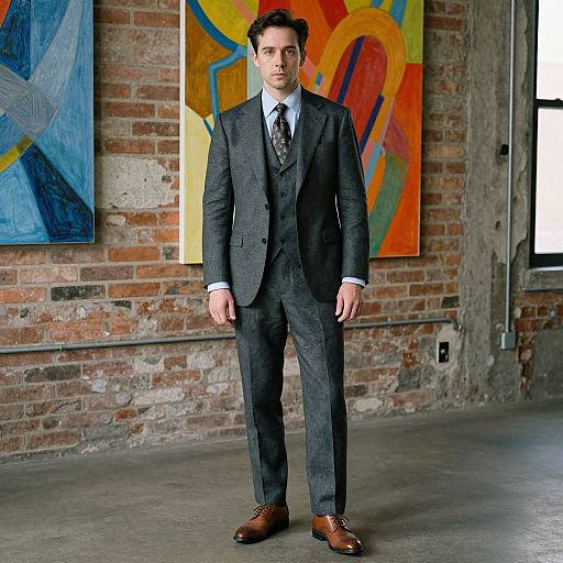 Photograph of a young man with short dark hair, wearing a dark gray three-piece suit, light blue shirt, patterned tie, and brown leather