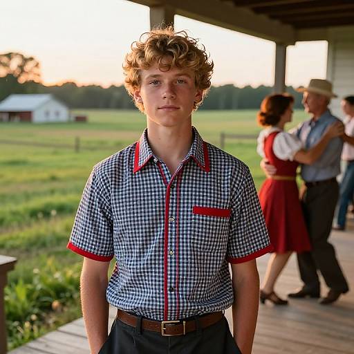 Photograph of a young, curly-haired boy in a checkered shirt with red trim, standing on a porch at sunset, with blurred people in the