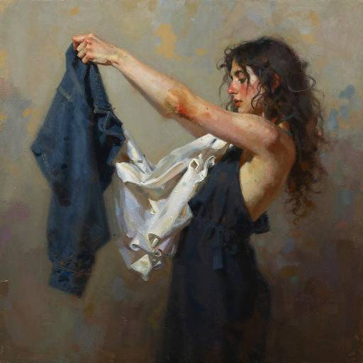 Oil painting of a curly-haired woman in a black dress, holding a blue jacket, with a textured, muted gray background.