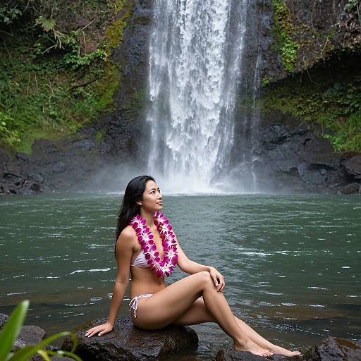 Photograph of an Asian woman with long black hair, wearing a pink flower lei and white bikini, sitting on a rock by a waterfall in a lush
