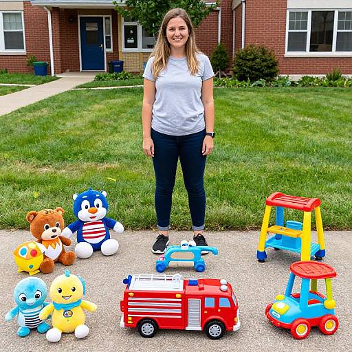 Photograph of a smiling blonde woman in white shirt and black pants, standing in front of a grassy yard, with colorful toys including stuffed animals and