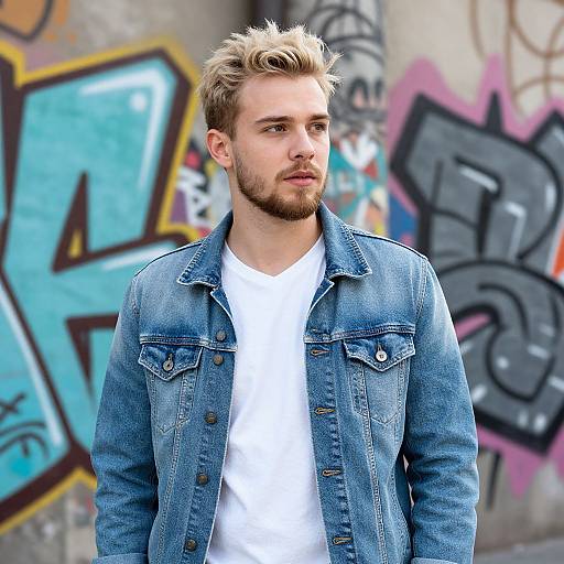 Photograph of a young, blonde, bearded man with a white t-shirt and blue denim jacket, standing in front of colorful graffiti.