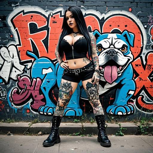 Tattooed Woman in Black Outfit Against Graffiti Wall