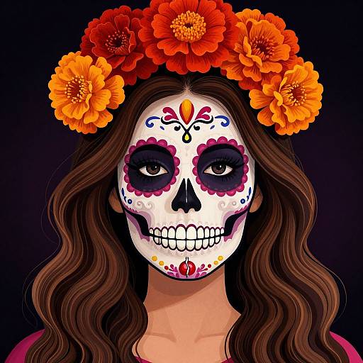 Digital illustration of a woman with long brown hair, white sugar skull face, black eye sockets, colorful floral designs, and an orange flower crown, against