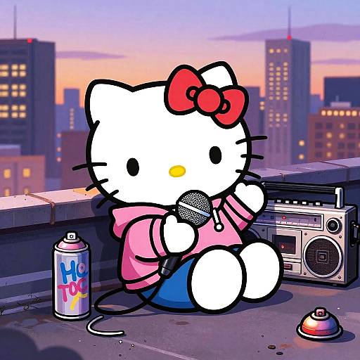 Digital art of Hello Kitty singing into a microphone on a rooftop at sunset, wearing a pink hoodie, red bow, and blue skirt, with a boom