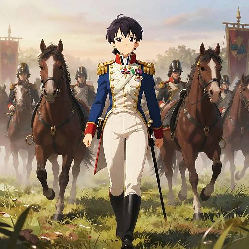 Anime-style digital artwork of a young, serious-looking man in a blue and white military uniform leading brown horses, surrounded by soldiers. Bright, sunny battlefield