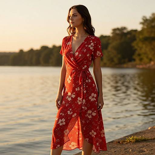 Photograph of a woman with medium brown skin, dark wavy hair, wearing a red floral wrap dress, standing by a sunlit lake at sunset