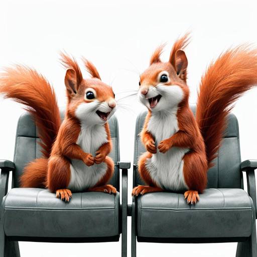 Two animated red squirrels laughing in theater seats