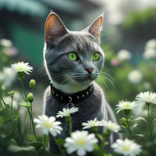 Realistic Korat Cat Among White Flowers