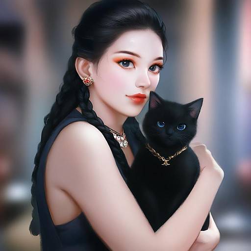 Woman Holding Black Cat with Blue Eyes