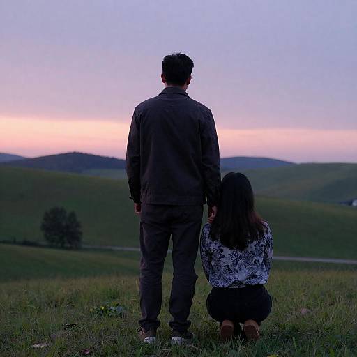 Couple on Grassy Hill at Sunset