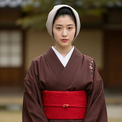 Woman in Brown Kimono with Red Sash