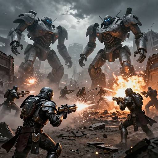 Digital artwork of a fierce robot battle: armored soldiers firing at towering, glowing-blue-eyed mechs amidst an explosion-filled, war-torn urban street.