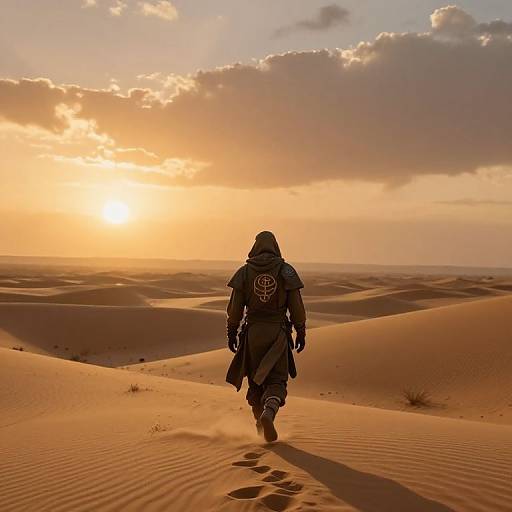 Photograph of a lone figure in dark armor with a hood, walking away in a golden desert sunset, leaving footprints in the sand, under a
