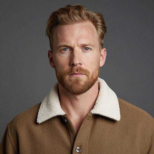 Photograph of a fair-skinned, red-bearded man with blue eyes, wearing a brown woolen shirt with a white, fuzzy collar, against