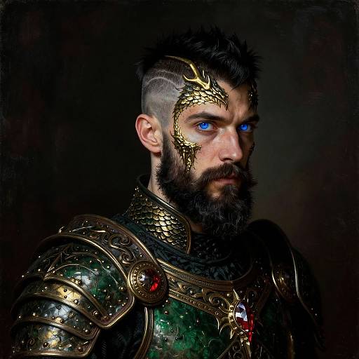 Photorealistic digital portrait of a bearded warrior with blue eyes, wearing ornate, gold-embellished, green-tinged medieval armor