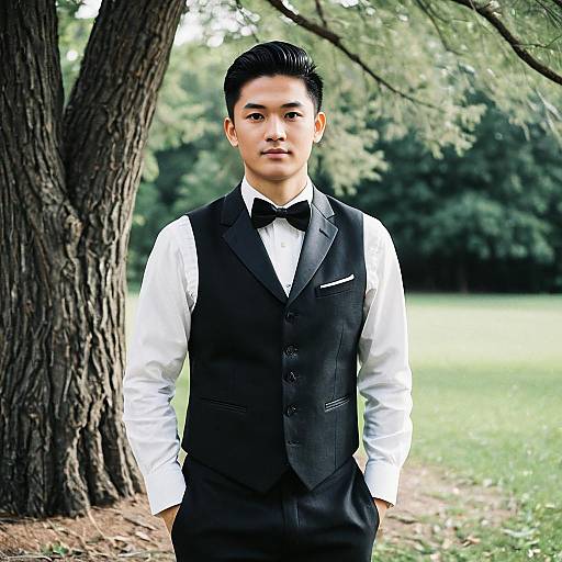 Groom in Black Vest and Bow Tie Outdoors