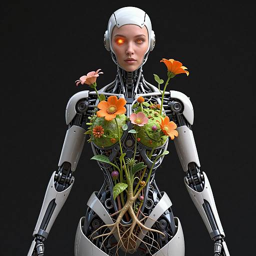 CGI image of a white and black robotic female figure with glowing orange eyes, holding a bouquet of vibrant orange and pink flowers against a black background.