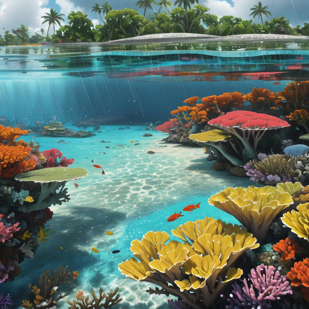 Vibrant Coral Atoll Under Gentle Rain