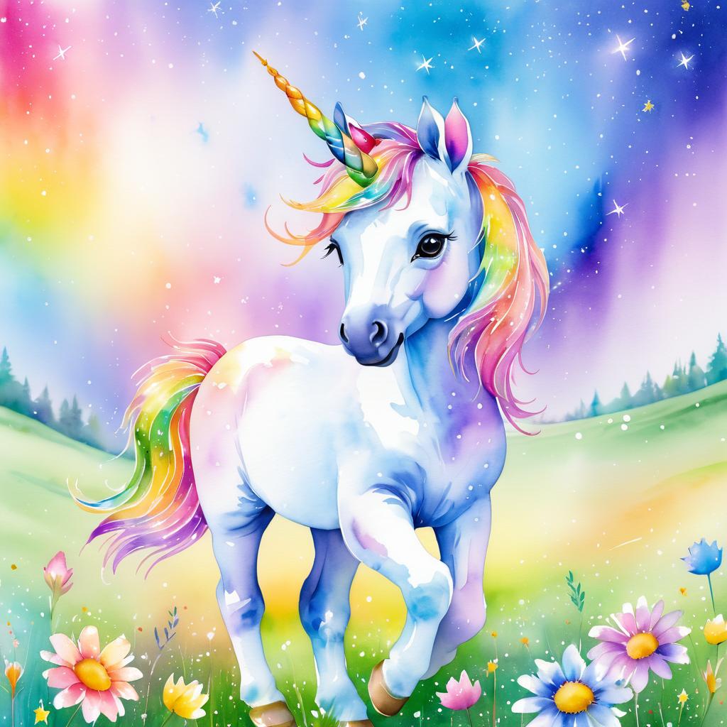 Enchanting Baby Unicorn in Rainbow Meadow