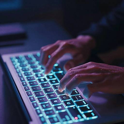 Photograph of hands typing on a glowing blue backlit keyboard in a dimly lit environment, highlighting the illuminated keys.
