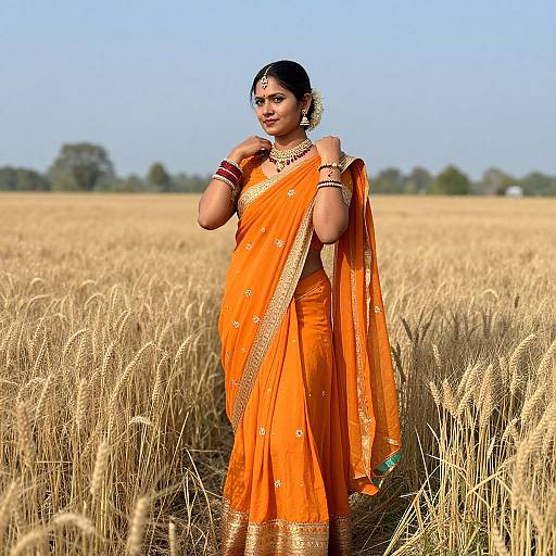 Photograph of a smiling Indian woman in an orange saree with gold embroidery, standing in a golden wheat field under a clear blue sky.
