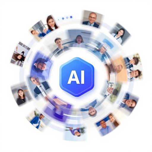 Photograph of diverse, smiling professionals in business attire, arranged in a circular pattern around a blue hexagon with white 