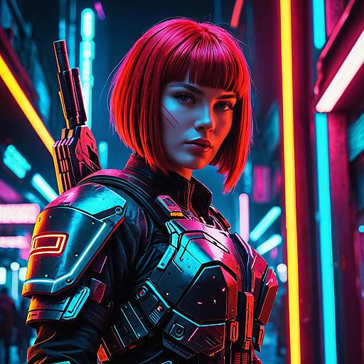 Cyberpunk Bounty Hunter with Red Bob Cut Hair